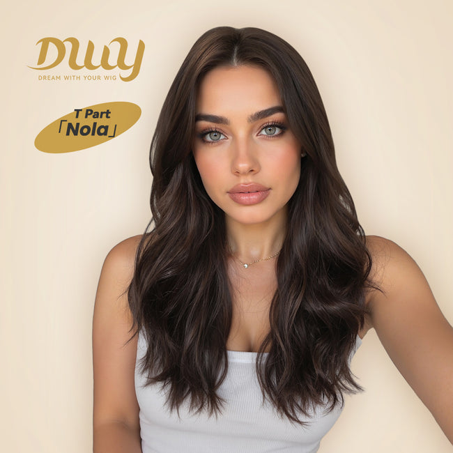 Nola H-DWY T-Part Lace Wig Long Curly Wigs Brown with Highlights Glueless Synthetic Wig