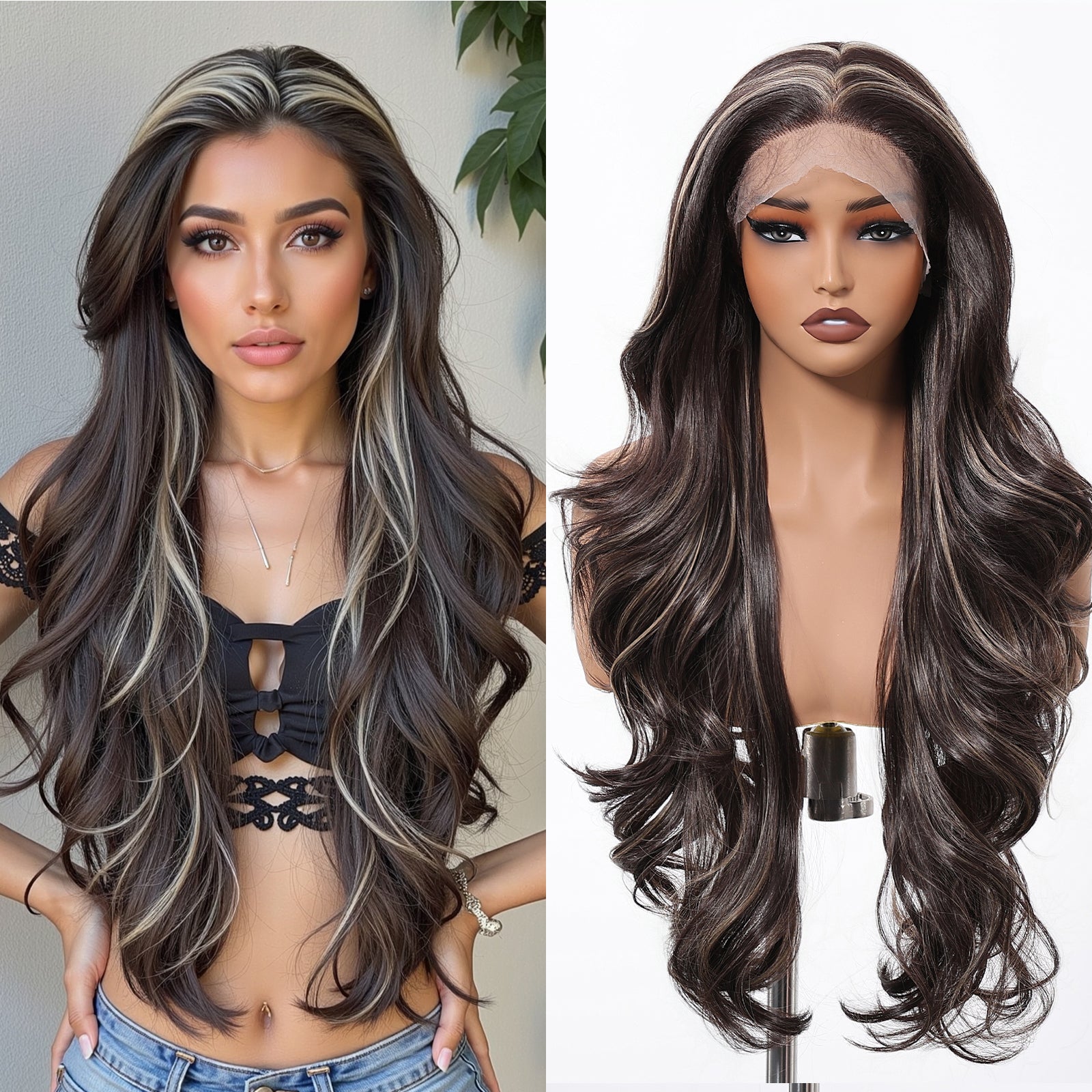 DWY Freepart Long length Curly Chocolate Brown Highlighted Wig
