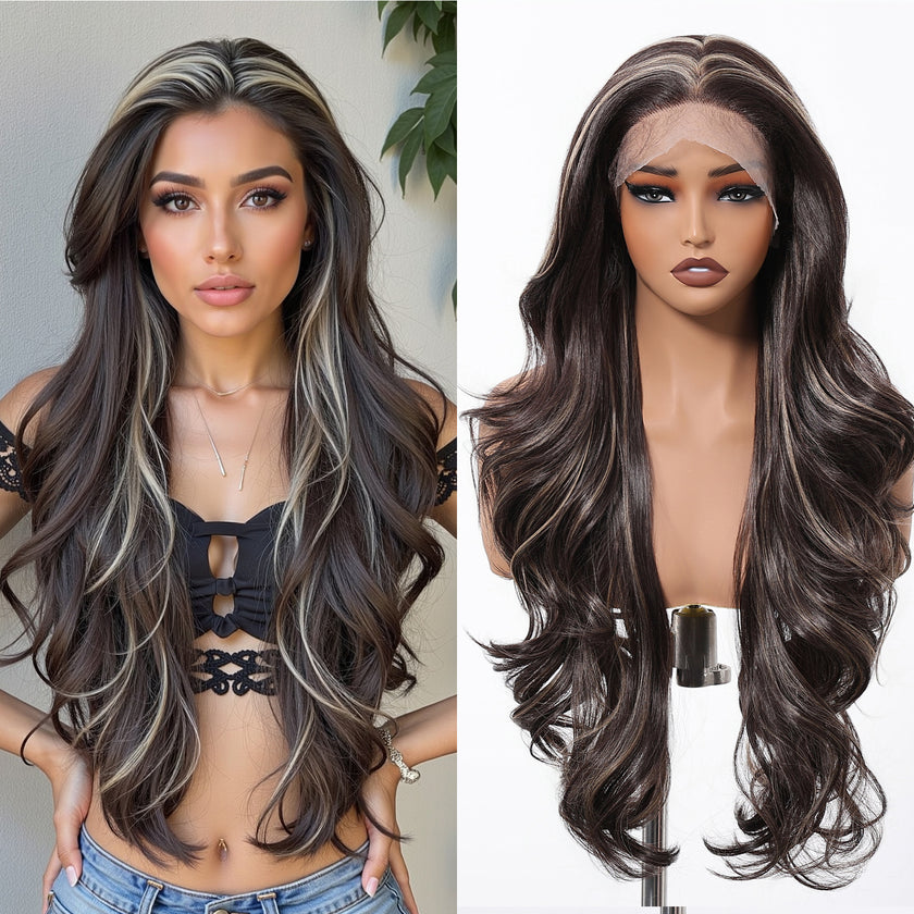 DWY Freepart Long length Curly Chocolate Brown Highlighted Wig