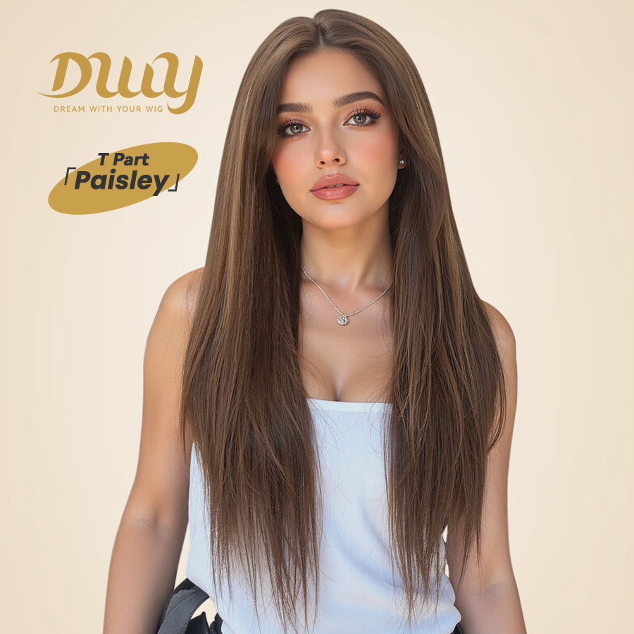 Paisley H-DWY Lace Front Middle Part Long-Length Straight Tea Brown Glueless Synthetic Wig