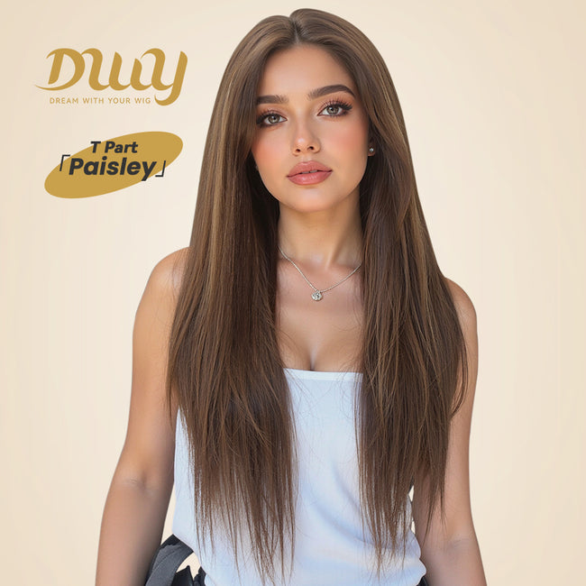 Paisley H-DWY Lace Front Middle Part Long-Length Straight Tea Brown Glueless Synthetic Wig