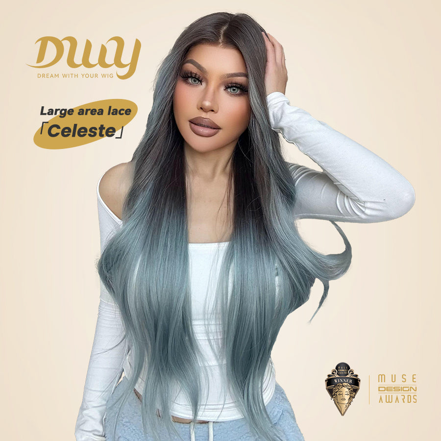 Celeste-DWY Free Part Lace Front 13×6 Ombre Light Blue Brown Wavy Synthetic Wig