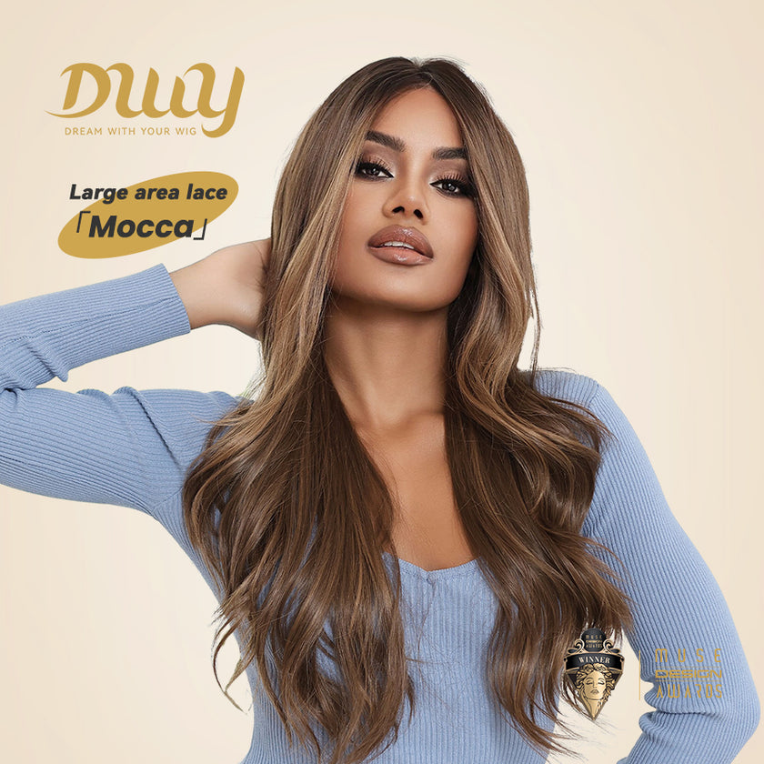 Mocca-DWY 13×6 Libera Lace Free Part Long-Length Wavy Brown with Highlights Synthetic Wig
