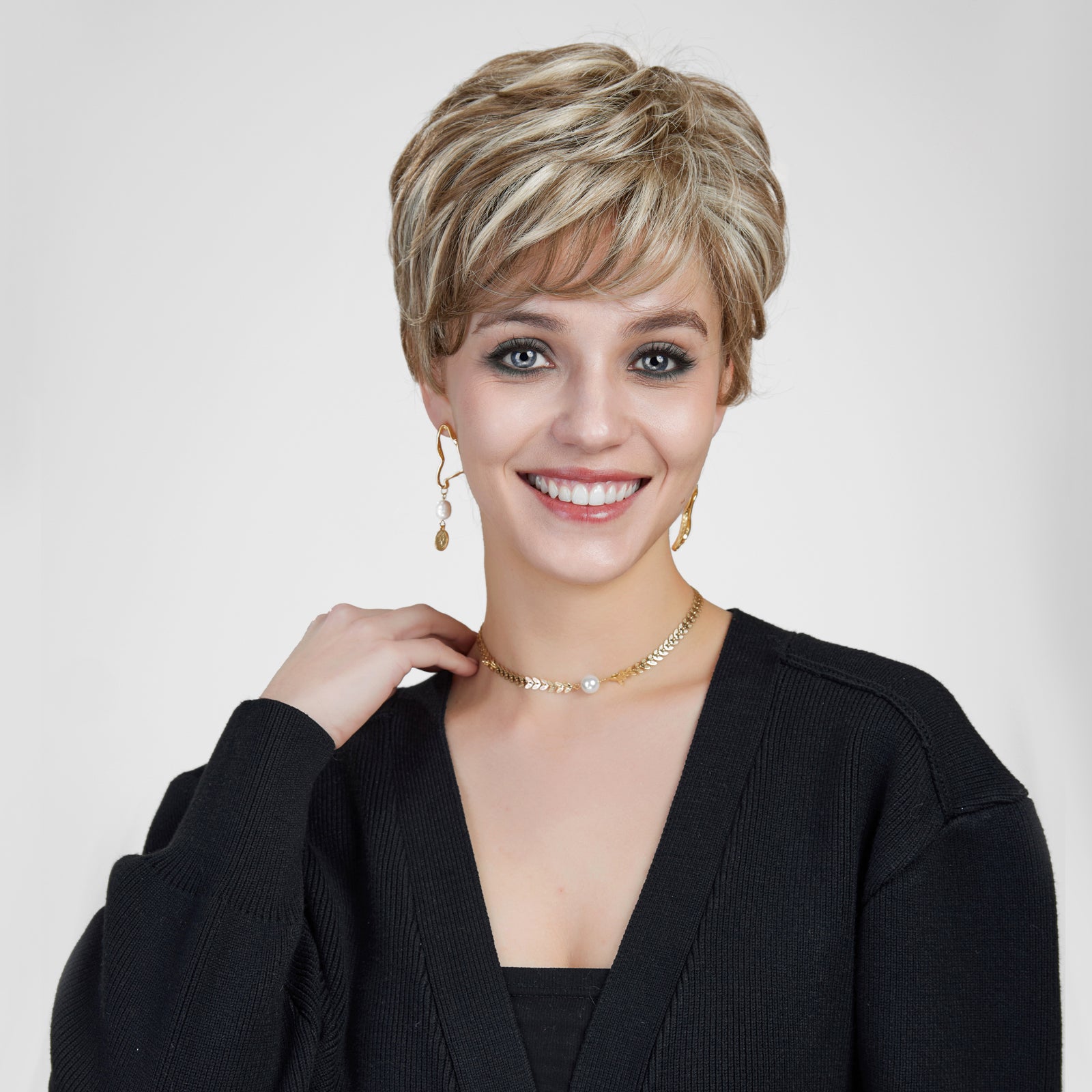Anna-DWY Mono Lace Front Free Part Balayage Brown With Blonde Pixie Synthetic Wig