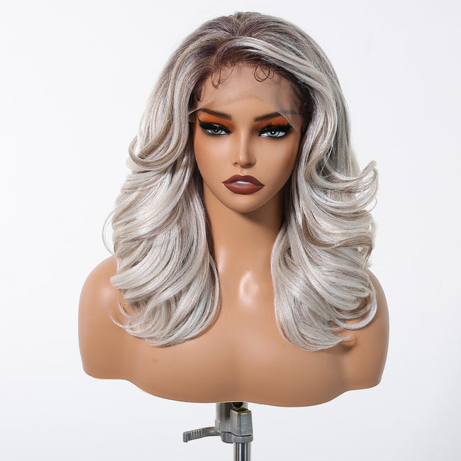 DWY Silver Gray Lace Wig with Bangs – Wavy Curly Heat-Resistant Synthetic Hair