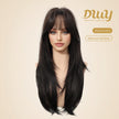 A product photograph of a realistic female mannequin head displaying a long, layered dark brown wig with wispy bangs. The mannequin has full makeup with prominent blue eyes. The wig is styled with face-framing layers and is centered in the frame against a plain beige studio background. In the upper right corner, there is gold branding text 