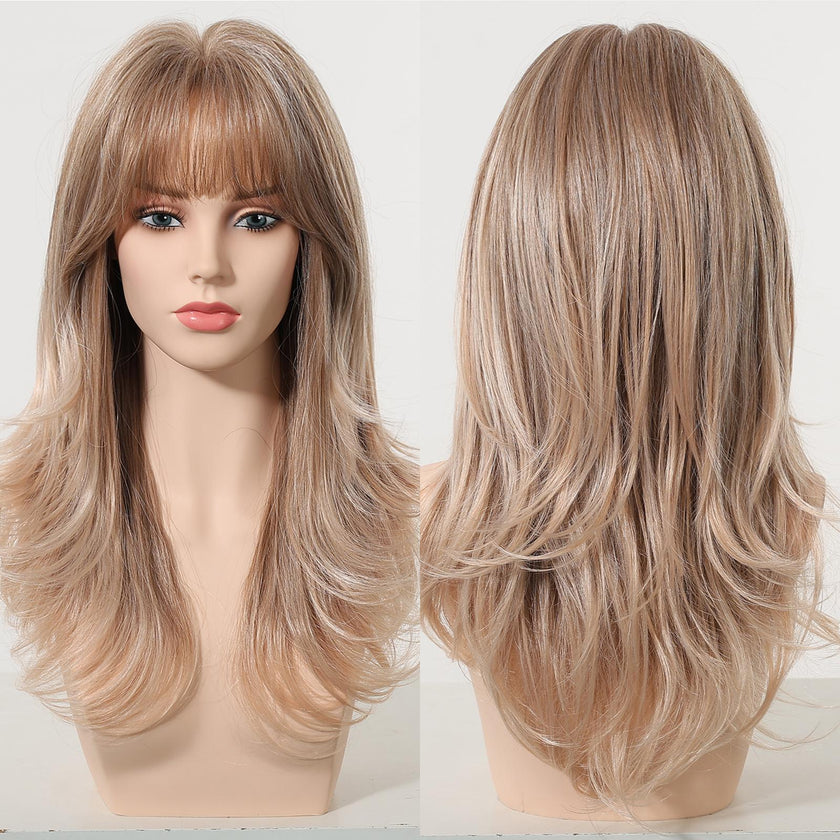 A two-panel product image displaying a DWY long, layered, wavy blonde wig with full bangs on a mannequin head. The left panel shows the front view, and the right panel shows the back view.
