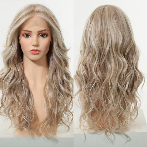 July-NEW ! DWY 13×6 Free Part Lace Front Long-Length Curly Ombre Brown with Highlights Glueless Synthetic Wig