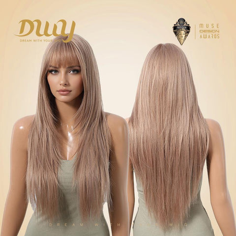 Liza-DWY Mid-Length Straight Pink Bionde with Bangs Glueless Synthetic Wig for Women 24 Inches
