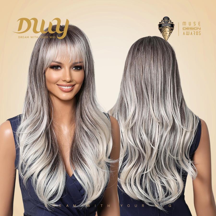 Katelynn-DWY 22-Inch Long Natural Wave Gray Gradient Brown Layered Cut Synthetic Wig
