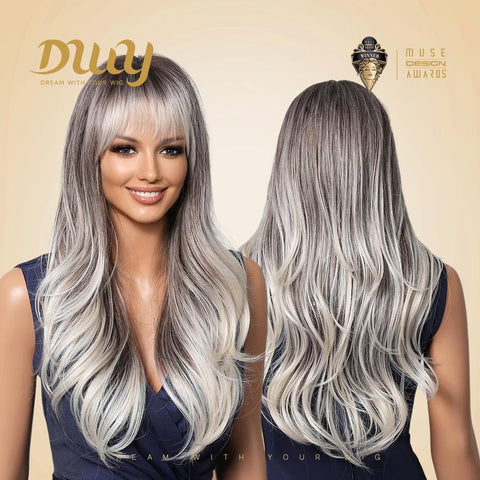 Katelynn-DWY 22-Inch Long Natural Wave Gray Gradient Brown Layered Cut Synthetic Wig