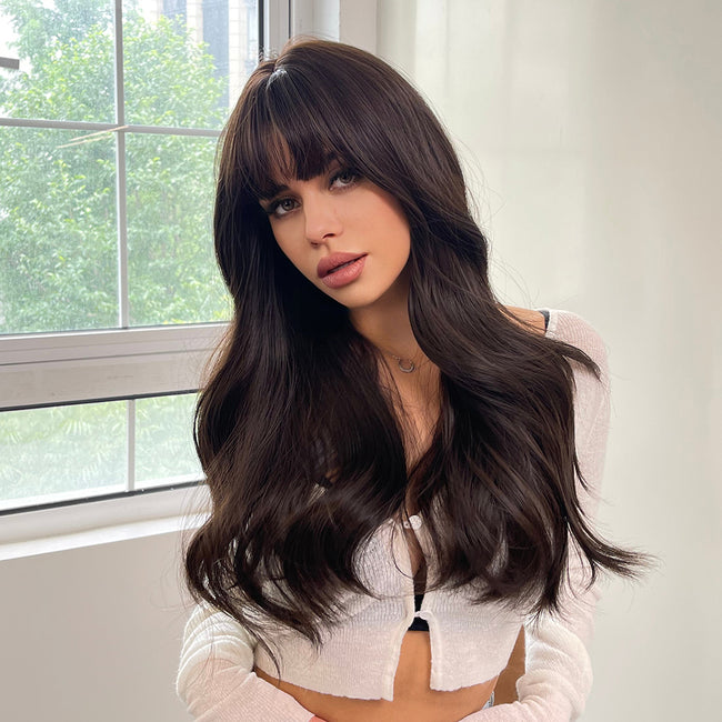Isla-DWY Brown Long Wavy Synthetic Wig With Bangs
