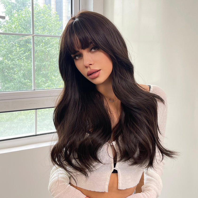 Isla-DWY Brown Long Wavy Synthetic Wig With Bangs
