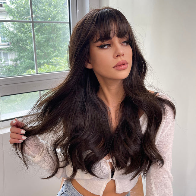 Isla-DWY Brown Long Wavy Synthetic Wig With Bangs