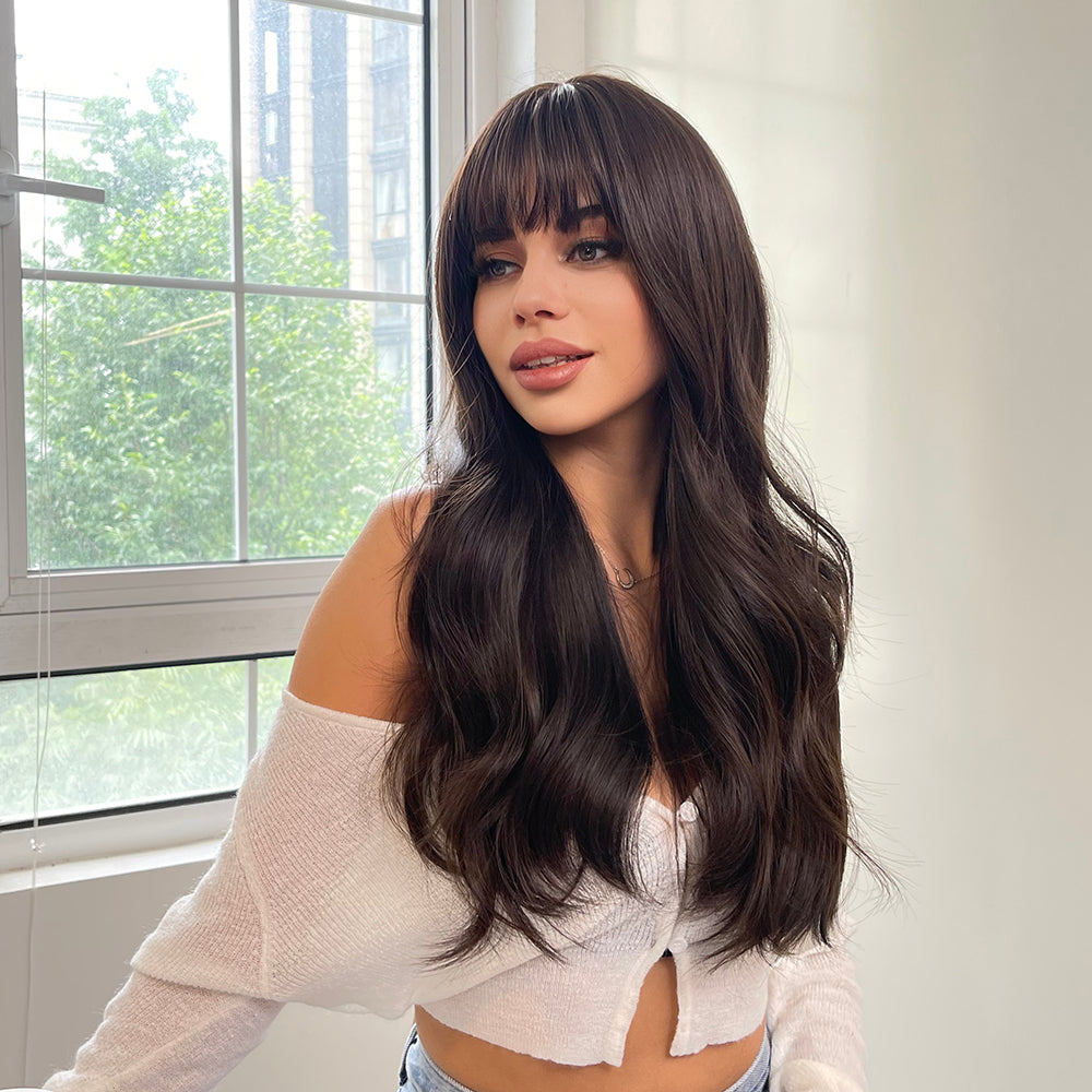 Isla-DWY Brown Long Wavy Synthetic Wig With Bangs