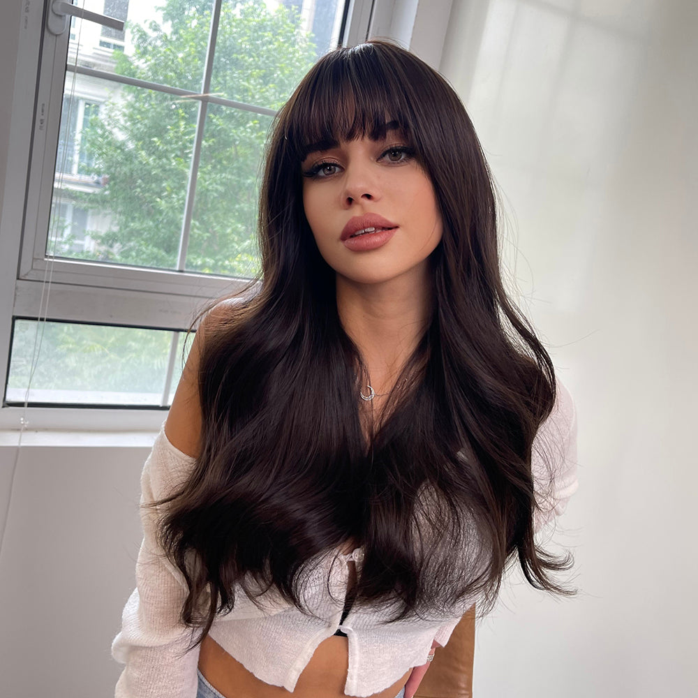 Isla-DWY Brown Long Wavy Synthetic Wig With Bangs