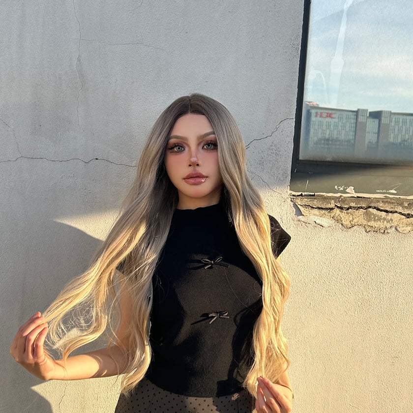 [CLEARANCE SALE] Averyl H-DWY Lace Front Middle Part Long Wavy Rooted Balayage Blonde Glueless Synthetic Wig for Women 28 Inches