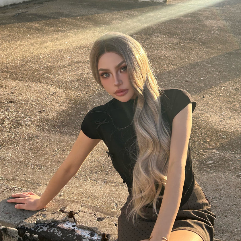 [CLEARANCE SALE] Averyl H-DWY Lace Front Middle Part Long Wavy Rooted Balayage Blonde Glueless Synthetic Wig for Women 28 Inches