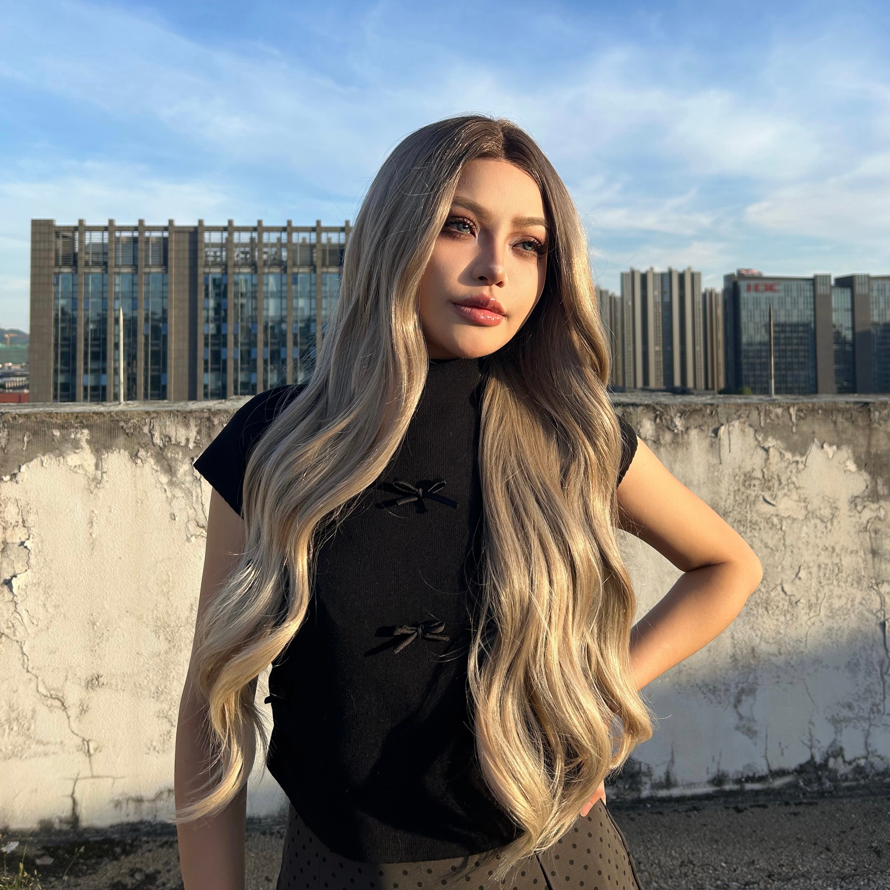 [CLEARANCE SALE] Averyl H-DWY Lace Front Middle Part Long Wavy Rooted Balayage Blonde Glueless Synthetic Wig for Women 28 Inches