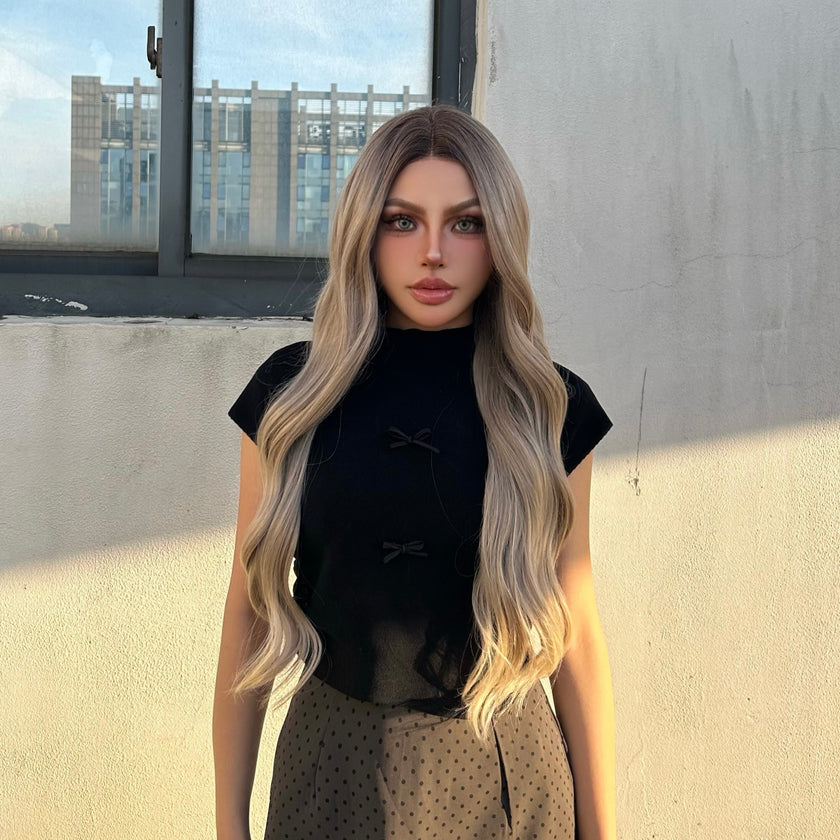 [CLEARANCE SALE] Averyl H-DWY Lace Front Middle Part Long Wavy Rooted Balayage Blonde Glueless Synthetic Wig for Women 28 Inches