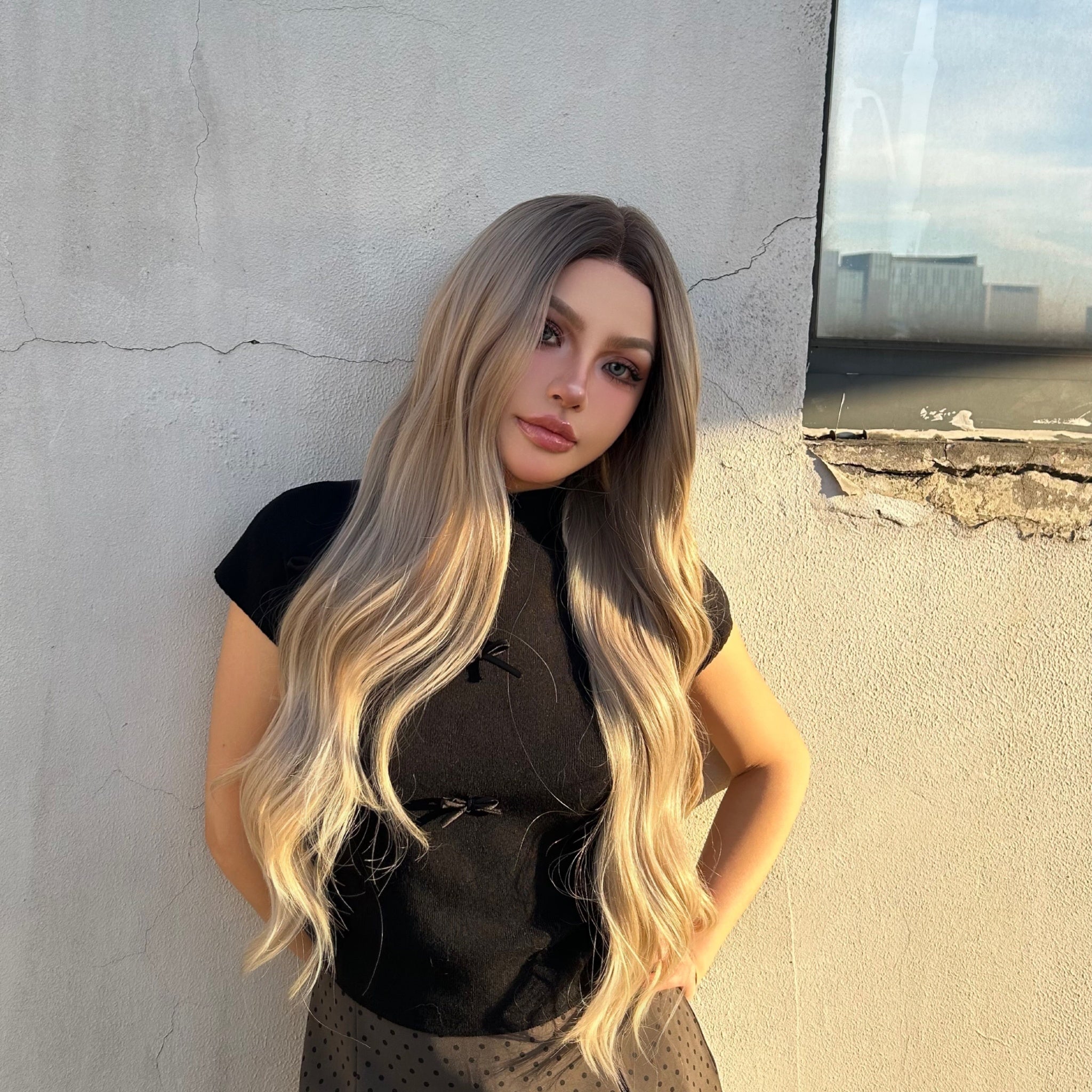 [CLEARANCE SALE] Averyl H-DWY Lace Front Middle Part Long Wavy Rooted Balayage Blonde Glueless Synthetic Wig for Women 28 Inches