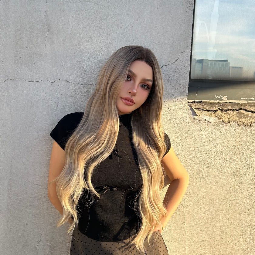 [CLEARANCE SALE] Averyl H-DWY Lace Front Middle Part Long Wavy Rooted Balayage Blonde Glueless Synthetic Wig for Women 28 Inches