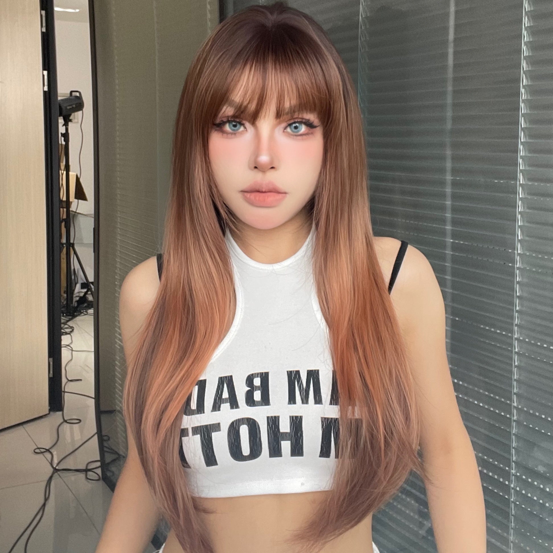 DWY Orange Long Auburn Red Wig with Bangs Layered Wig