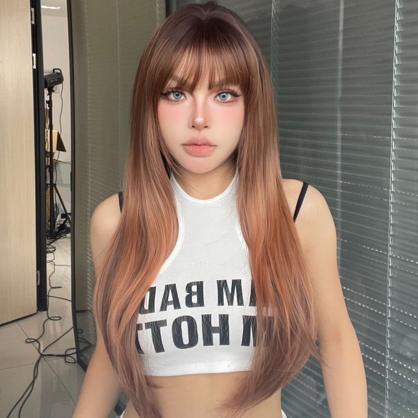 DWY Orange Long Auburn Red Wig with Bangs Layered Wig