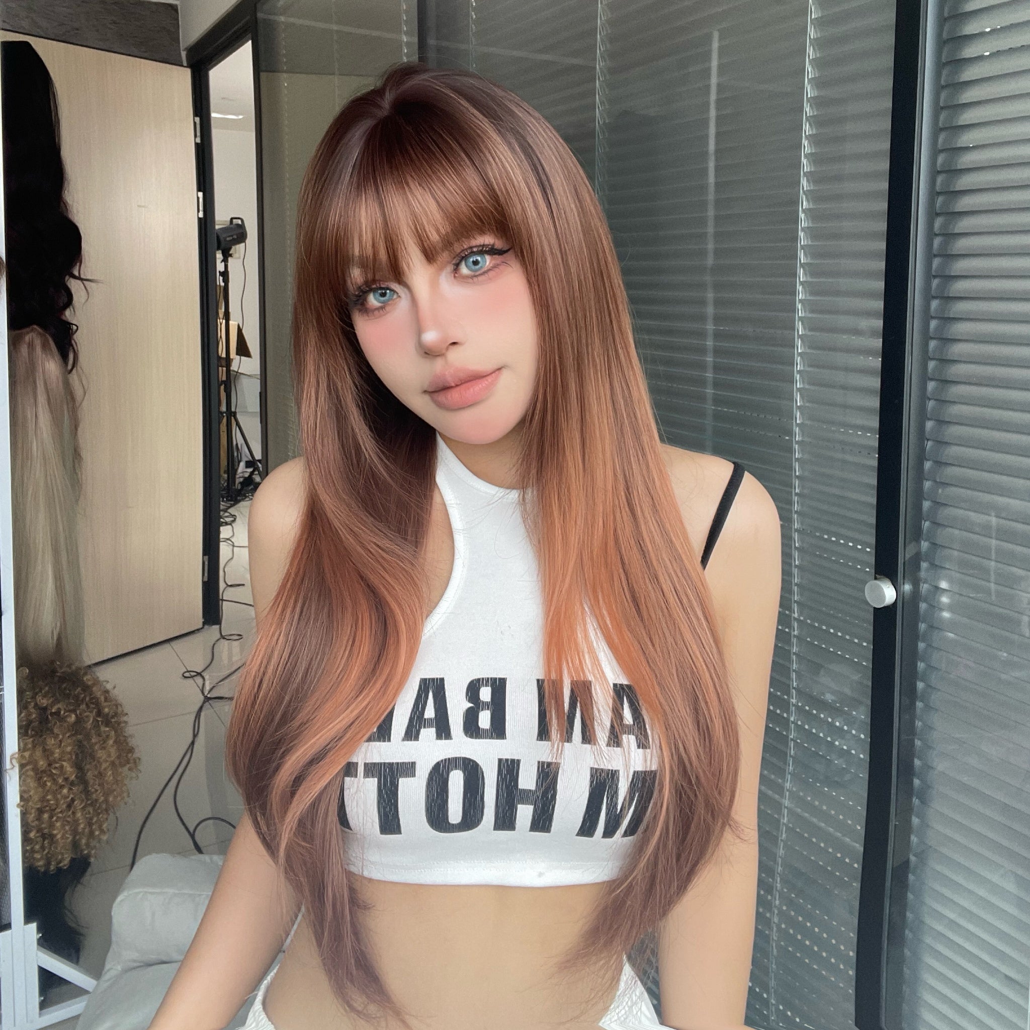 DWY Orange Long Auburn Red Wig with Bangs Layered Wig