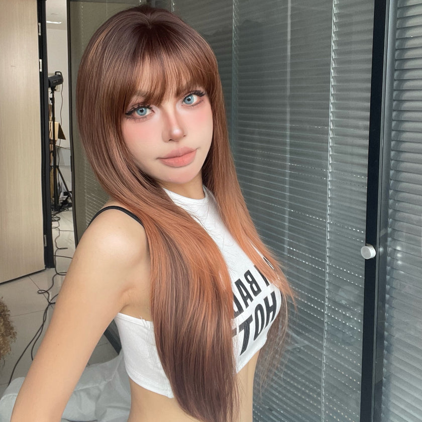 DWY Orange Long Auburn Red Wig with Bangs Layered Wig