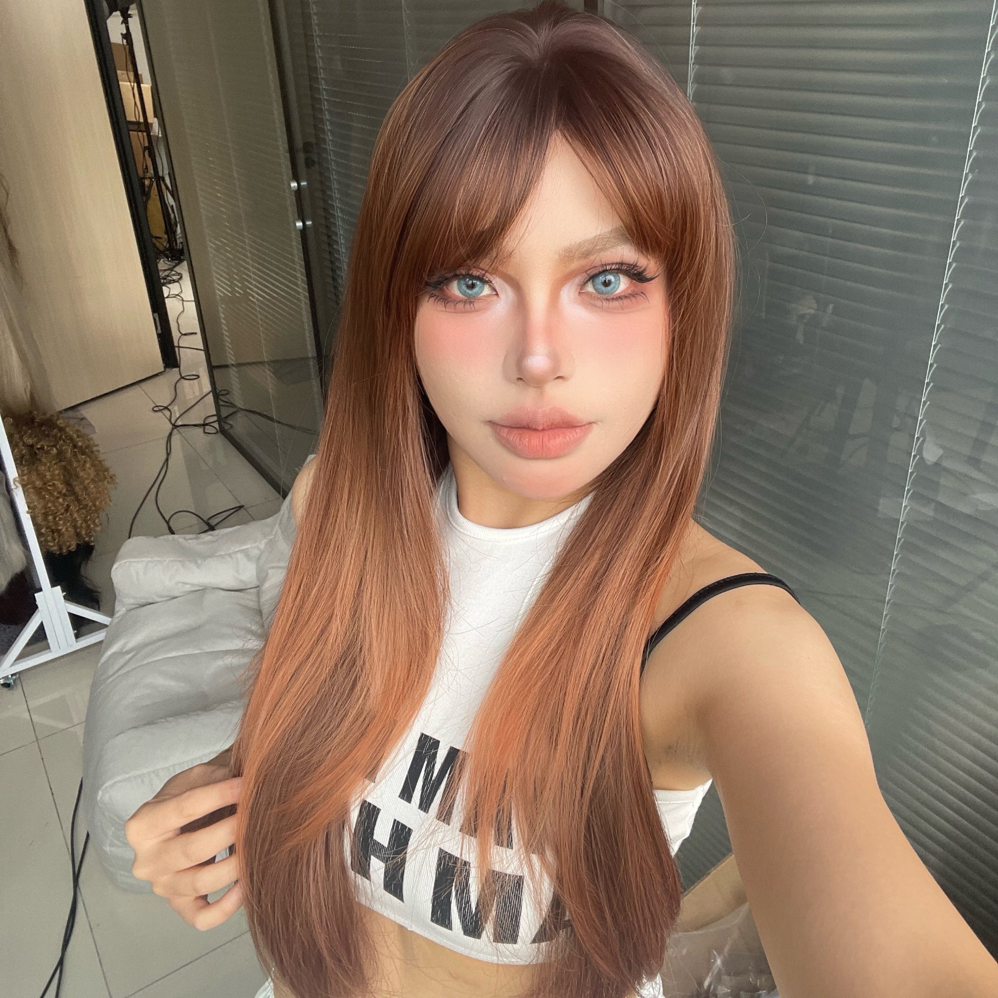 DWY Orange Long Auburn Red Wig with Bangs Layered Wig