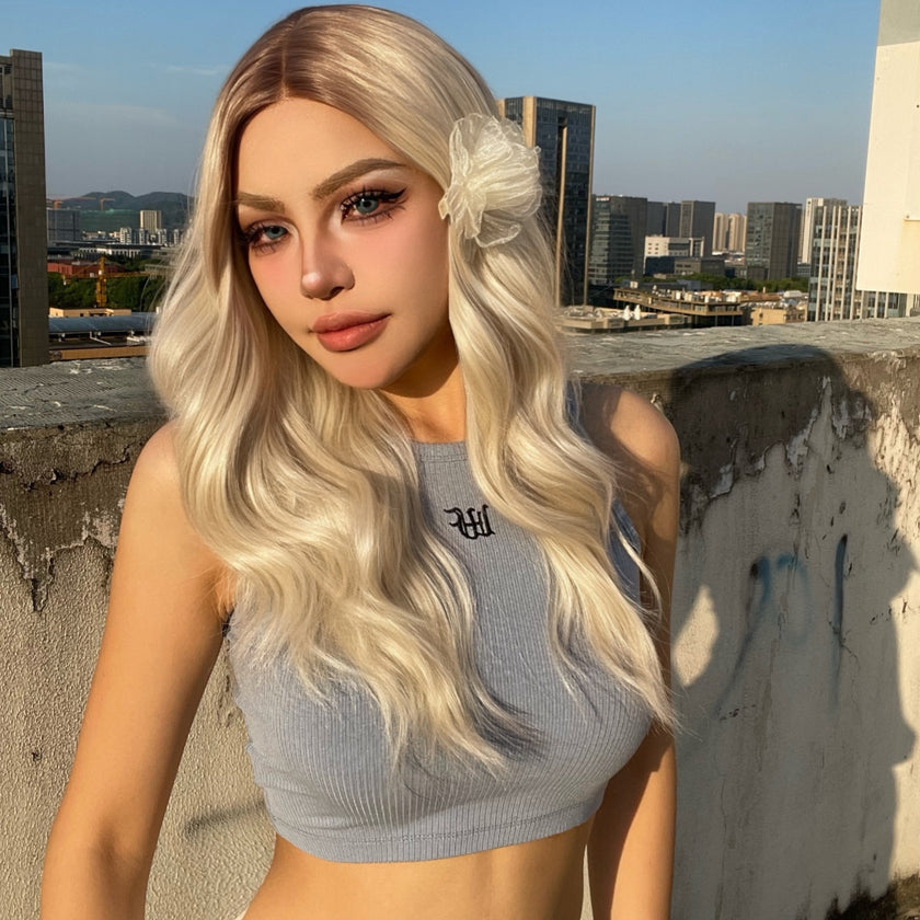 Arya-DWY Lace Front Mid-Length Curly Platinum Blonde With Dark Roots Ombre Synthetic Wig