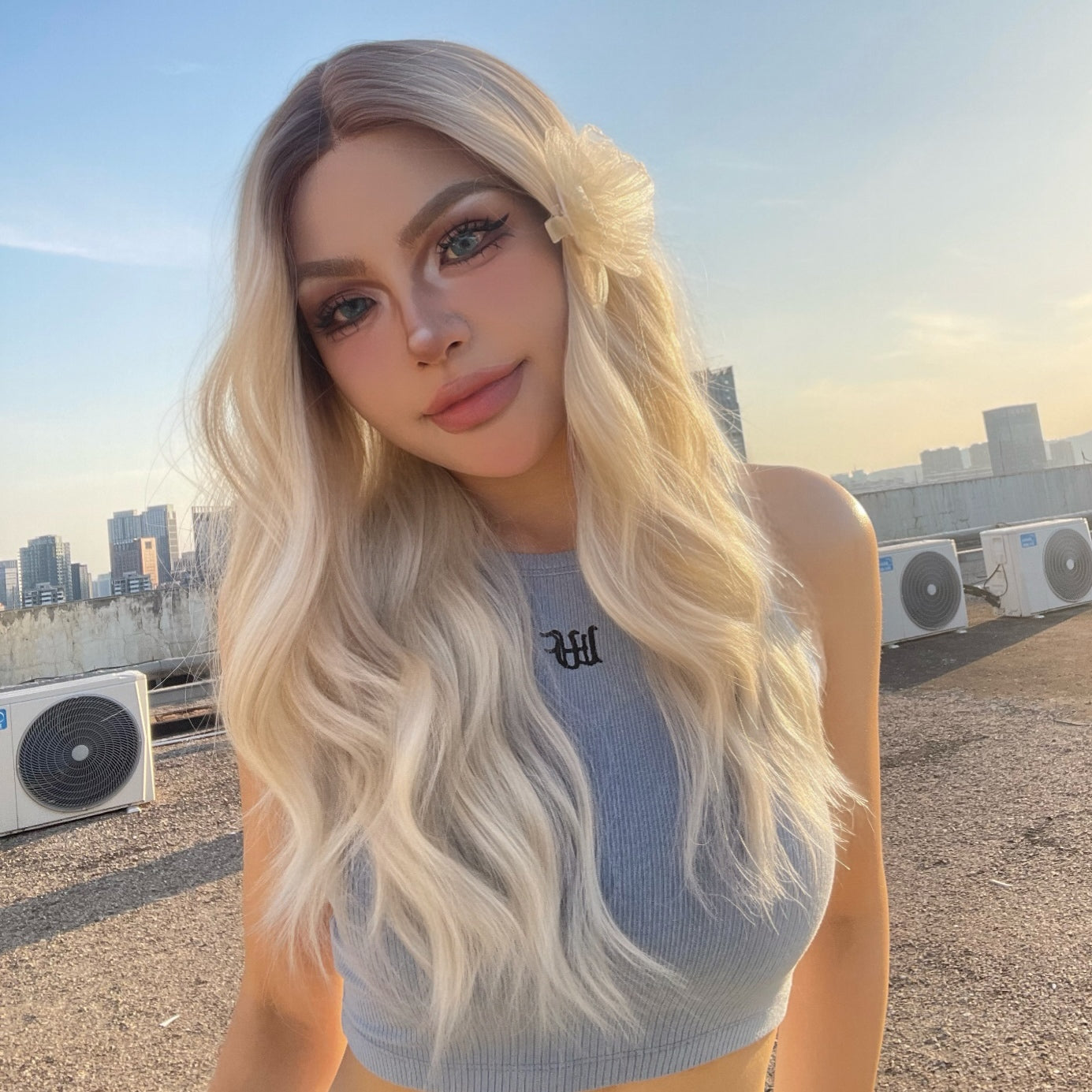 Arya-DWY Lace Front Mid-Length Curly Platinum Blonde With Dark Roots Ombre Synthetic Wig