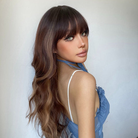 Jacqueline-DWY Elegant Ombre Tresses Wavy Synthetic Wig With Bangs