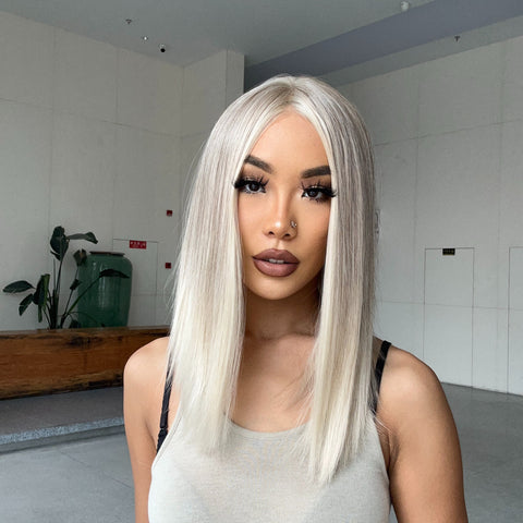 [New]DWY Ash Blonde White Balayage Highlights BOB 12 inch Wig Straight Lace Front Wigs BL66217-1