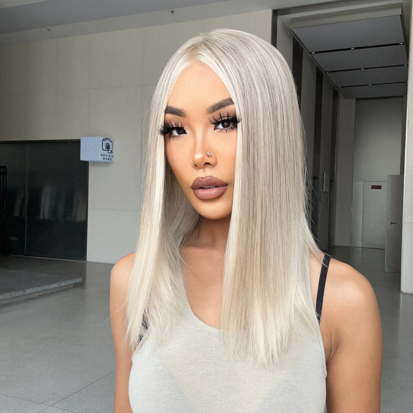 DWY Ash Blonde White Balayage Highlights BOB 12 inch Wig Straight Lace Front Wig