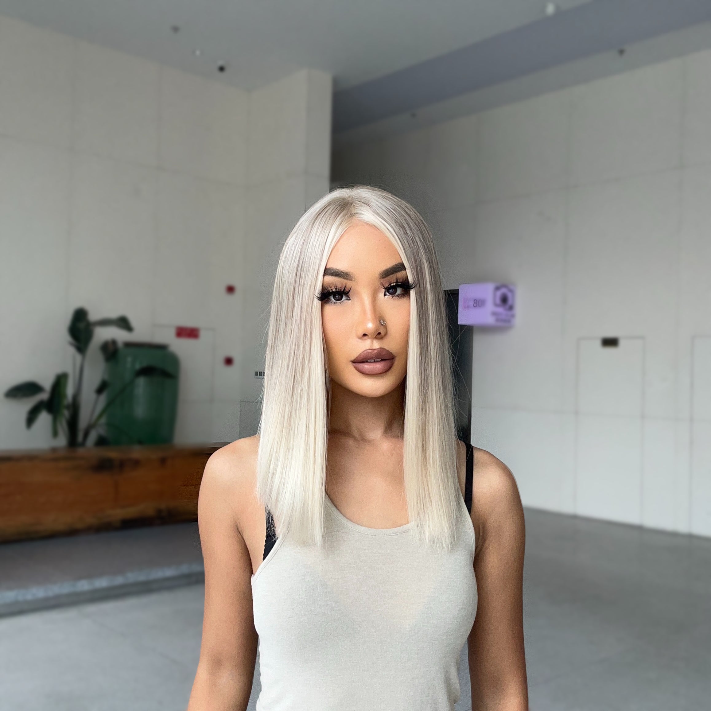 DWY Ash Blonde White Balayage Highlights BOB 12 inch Wig Straight Lace Front Wig