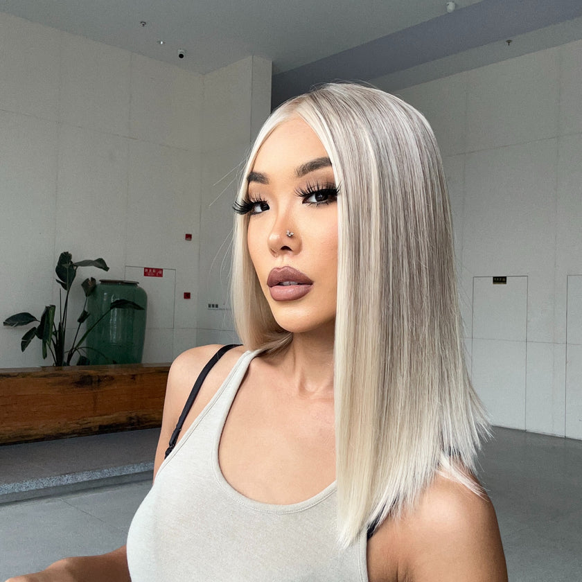 DWY Ash Blonde White Balayage Highlights BOB 12 inch Wig Straight Lace Front Wig