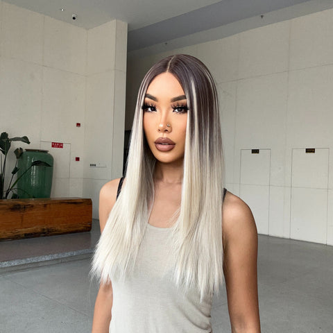 [Adr] DWY Long Straight Lace Front Synthetic Wigs Brown Blonde Platinum Wigs for White Women Middle Part Daily Heat Resistant BL66081-1