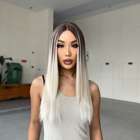 [Adr] DWY Long Straight Lace Front Synthetic Wigs Brown Blonde Platinum Wigs for White Women Middle Part Daily Heat Resistant BL66081-1