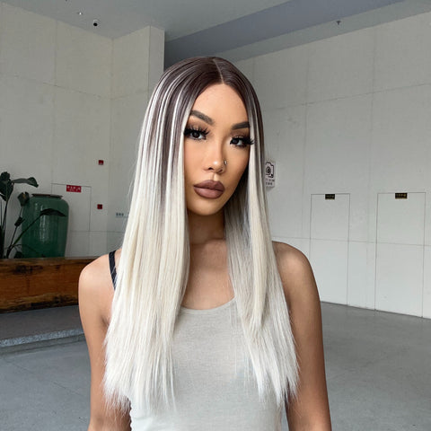 [Adr] DWY Long Straight Lace Front Synthetic Wigs Brown Blonde Platinum Wigs for White Women Middle Part Daily Heat Resistant BL66081-1