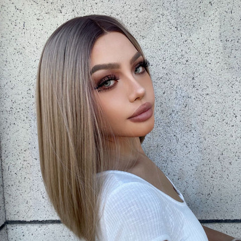 Sable-DWY Lace Front T-Part Ombre Ash Blonde Mid-Length Straight Synthetic Wig