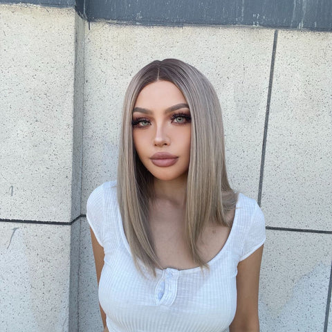 Sable-DWY Lace Front T-Part Ombre Ash Blonde Mid-Length Straight Synthetic Wig