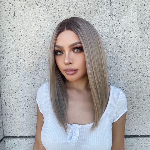 Sable-DWY Lace Front T-Part Ombre Ash Blonde Mid-Length Straight Synthetic Wig