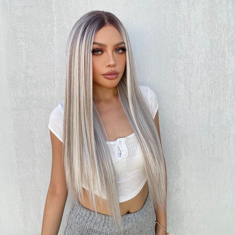 Abigail-DWY Lace Front 13×6 Rooted Grey Straight Free Part Synthetic Wig