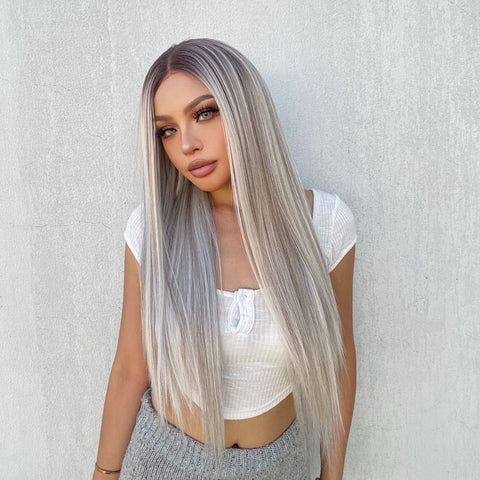 Abigail-DWY Lace Front 13×6 Rooted Grey Straight Free Part Synthetic Wig