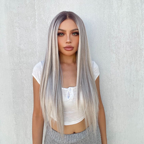 Abigail-DWY Lace Front 13×6 Rooted Grey Straight Free Part Synthetic Wig