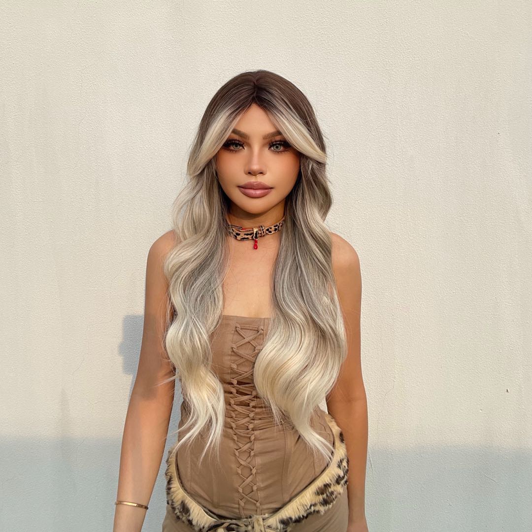 Vera-DWY Long Curly Rooted Gray Ivory Glueless Synthetic Wig