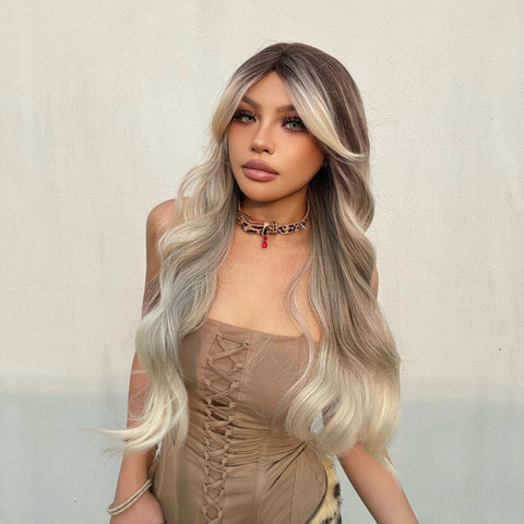 Viol-DWY Rooted Grey Ivory Middle Part Wavy Synthetic Tresses Wig With Side Bangs