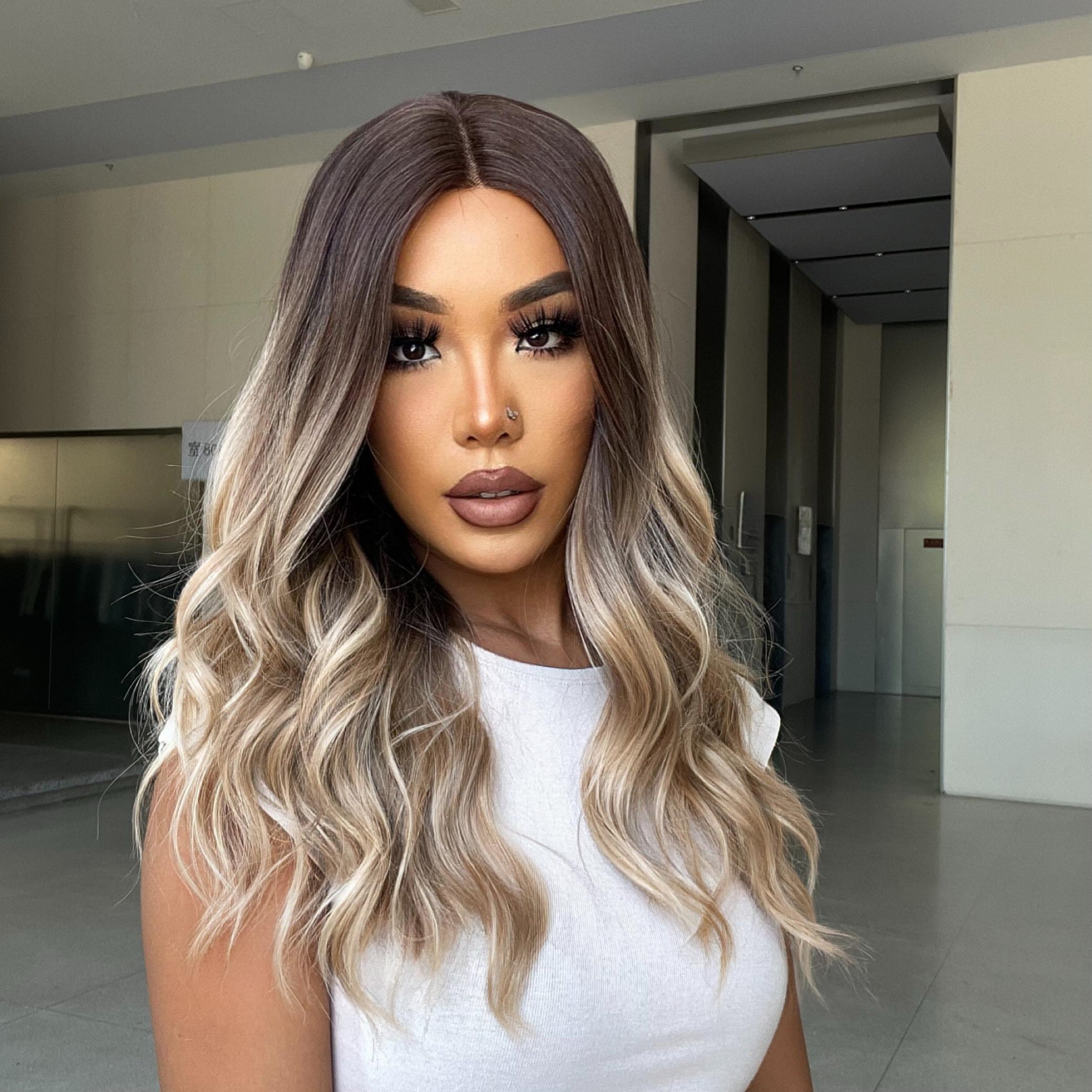 May-DWY Lace Front Middle Part Curly Ombre Blonde Glueless Synthetic Wig